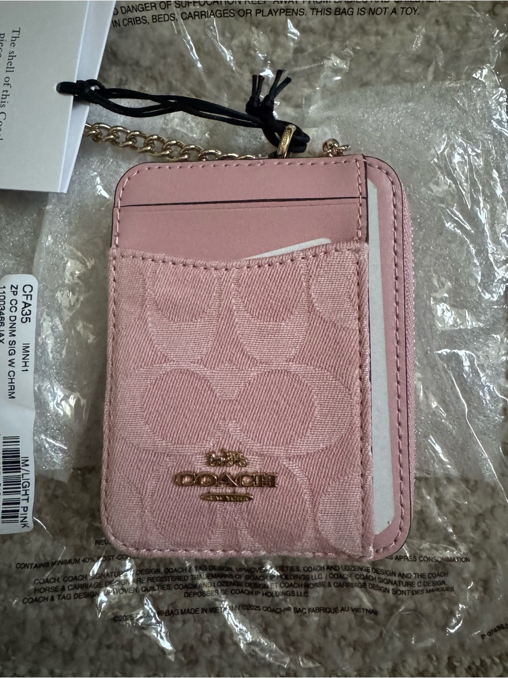 NWT Coach Pink Denim Signature Mini Zip Card Case Holder with Chain CFA35